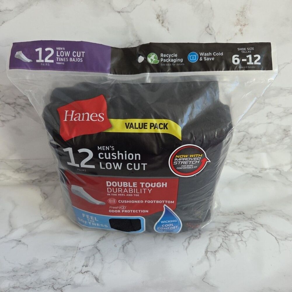 Hanes Men's  Socks Cotton Cushioned Low Cut  Black Size 6-12